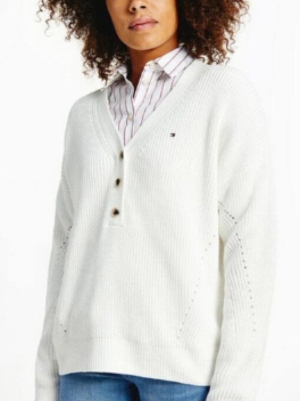 Tommy Hilfiger 100% Cotton V-Neck Hayana Henley Knit Sweater - Large/XL in White
